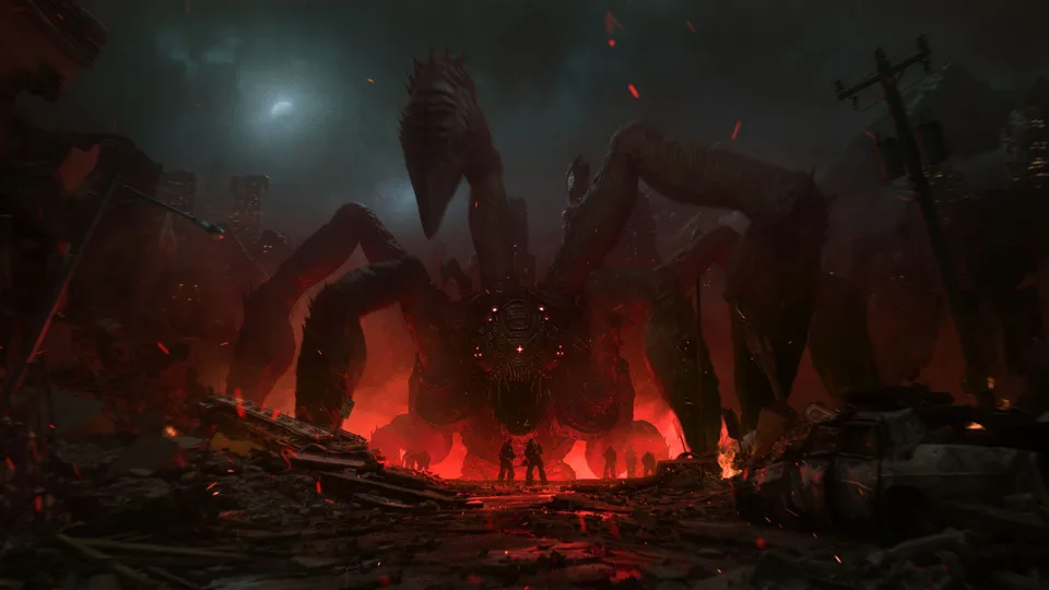 Locusti napadejo mesto v uradnem lansirnem napovedniku. Vir: Xbox / The Coalition.