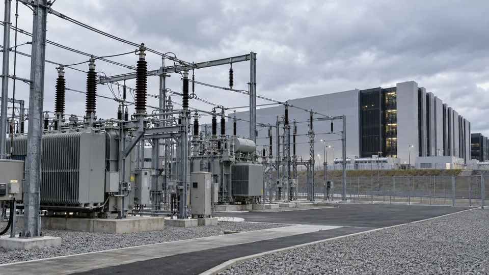 Izvirna ilustracija električne infrastrukture ob podatkovnem centru, ustvarjena z AI; lokacija je izmišljena.